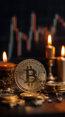 A gold Bitcoin coin is the focal point, surrounded by other coins and lit by candlelight. The image features a dark color palette with warm tones from the flames. The composition suggests a financial or investment theme, suitable for various editorial and commercial applications.の素材