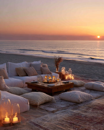 A serene coastal scene shows a cozy seating arrangement on the beach at dusk. A sofa with cushions and floor pillows surrounds a low wooden table adorned with glasses and candles. The warm tones of the sunset paint the sky and water. Suitable for use in lifestyle, leisure, or travel content.の素材