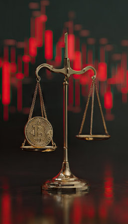 A balance scale holds a Bitcoin coin, symbolizing valuation and financial decisions. The composition emphasizes balance and equilibrium. The image utilizes a dark background with hints of red, creating a contrast with the gold-colored scale. It could be used in articles discussing economics, investment, and finance.の素材