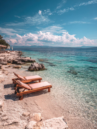 Two wooden lounge chairs sit on a sandy beach near calm, clear turquoise water under a vibrant blue sky dotted with clouds. The scene features natural lighting, emphasizing the textures of the sand, water, and clouds. Ideal for travel and leisure publications, and promotional materials.の素材