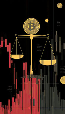 This graphic showcases a balance scale with a Bitcoin coin at the center. The composition employs shades of gold, red and black, with charts providing the backdrop. This conceptual illustration is likely suitable for financial reporting, business publications, and digital marketing purposes.の素材