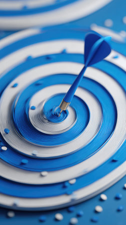 A blue dart is centered in a bullseye target with concentric blue and white rings. The image showcases a studio composition with bright lighting highlighting the texture of the elements. It could be used in projects related to business concepts, marketing, or goal setting.の素材