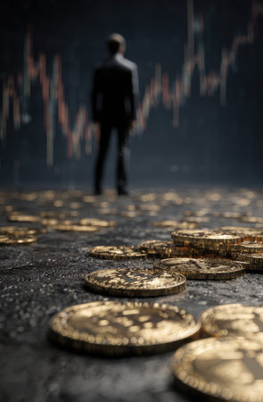 A silhouette of a businessman stands before a stock market chart with coins scattered on the foreground. The image shows a dark aesthetic with a focus on detail. The scene's composition implies business and financial concepts. Suitable for illustrating ideas related to finance and investments.の素材