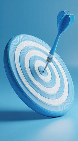 A blue dart is embedded in the center of a blue and white target. The image features a close-up view, showcasing the dart and the bullseye against a solid blue backdrop. The lighting creates shadows, enhancing the three-dimensional effect. This visual could be used to illustrate concepts related to goals and precision.の素材