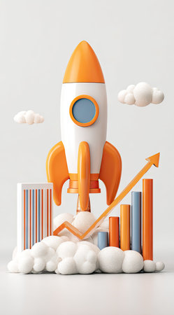 This image presents a stylized rocket taking off, accompanied by a rising arrow and bar graphs. The design incorporates orange and white color schemes with a clean, modern aesthetic. The arrangement evokes upward movement, potentially suitable for illustrating growth, progress, or financial concepts, and can be used in marketing or educational material.の素材