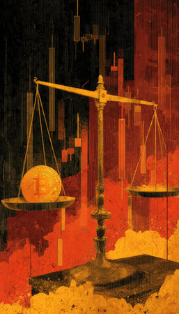 A conceptual illustration shows a balance scale with a Bitcoin symbol on one side, suggesting financial equilibrium. The artwork employs a vintage style with warm hues and textures, complemented by vertical bar chart elements in the background. Ideal for commercial applications related to finance and investment.の素材