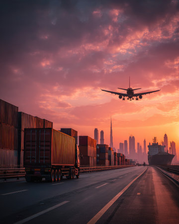 A large transport truck, containers, and an airplane are silhouetted against a vibrant sunset sky. The image showcases a cityscape, likely at dusk or dawn. The composition suggests themes of travel, trade, and logistical processes. This photo could be useful for commercial applications related to global commerce or transportation.の素材