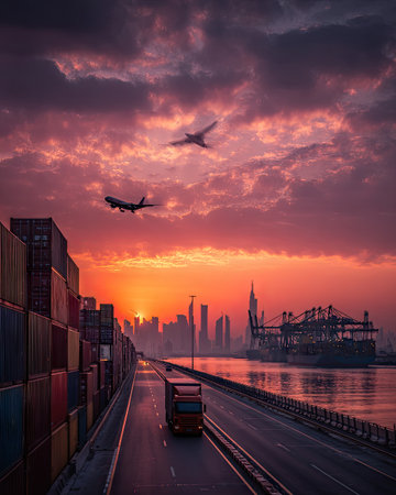 A dynamic scene features cargo containers, airplanes in flight, and a truck on a road leading to a city skyline. The composition uses an intense color palette of oranges, pinks, and purples in a sunset sky. The lighting suggests a dusk setting, with the scene likely used for transport and logistics content.の素材