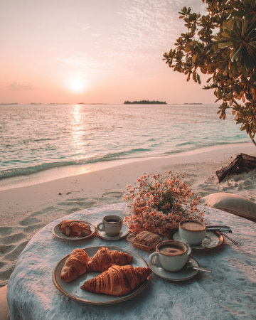 An outdoor scene presents a breakfast setting on a beach, featuring croissants, coffee, and decorative flowers. The warm tones of a sunset illuminate the scene. This idyllic setting could be used to evoke leisure, travel, or romantic concepts in various editorial and commercial contexts.の素材