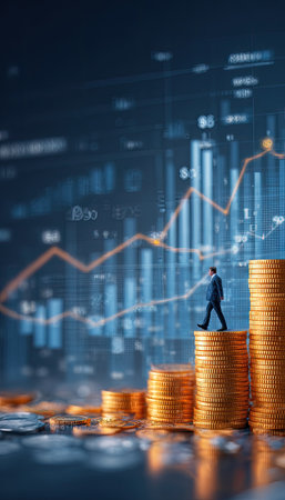 A man in a suit walks on golden coin stacks, with upward trending lines in the background. The image features rich colors, a blurred background, and overhead lighting. Suitable for use in financial presentations, business reports, or marketing materials, this conceptual image emphasizes growth and progress.の素材