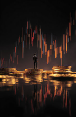 A miniature figure of a person stands atop a stack of coins, set against a backdrop of a rising financial chart. The scene is bathed in warm, dramatic lighting, creating a sense of depth and highlighting the golden hues of the coins. This image could be used for various financial and business publications.の素材