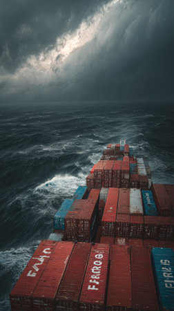 A cargo ship sails through a turbulent ocean beneath a dramatic, cloud-filled sky. Red, blue, and white containers are stacked on deck. The image features a high-angle perspective, with the dark sea and the sky dominating the scene. It might be used for illustrations in shipping or environmental concepts.の素材
