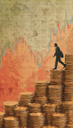 A businessman ascends a staircase composed of stacks of coins against a backdrop of a financial chart. The visual elements feature warm tones, a textured style, and a vertical composition, possibly evoking concepts of growth. This image could be suitable for various commercial and editorial applications.の素材