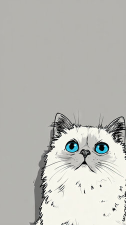 A cartoon illustration depicts a fluffy white cat with striking blue eyes. The cat is rendered in a simplified style with clean lines and a subtle shading. The background is a solid gray, creating a contrast that highlights the cat. Suitable for various commercial and editorial applications.の素材