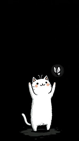 An illustrated white cat with arms raised is reaching towards a black butterfly. The image has a minimalist style with a plain dark background. The artwork displays a playful and cheerful mood with soft color tones. It is suitable for various design projects and commercial applications.の素材