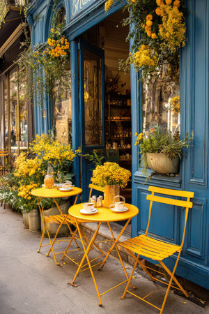 An inviting outdoor cafe setting features vibrant yellow tables and chairs. Lush floral arrangements of yellow blooms adorn the entrance. The scene is illuminated with natural light, showcasing a classic architectural style. Suitable for illustrating lifestyle, travel, and design concepts in commercial projects.の素材