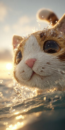A cat swims through water with visible droplets and a warm-toned background suggesting sunset. The cat exhibits a detailed fur texture in shades of white and orange. The image is composed with soft lighting and a focus on the cat's facial features. It could be used for various creative, editorial, or marketing purposes.の素材