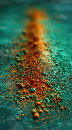 The image showcases a macro view of vibrant colored powder on a textured surface. The composition features a central line of orange pigment surrounded by a green hue, offering a contrasting visual appeal. Ideal for illustrative projects or designs, the image could be used for creative advertisements or conceptual art.の素材