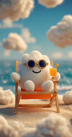 A cartoon cloud character wearing sunglasses relaxes in a beach chair holding a beverage. The scene presents a sunny day with fluffy clouds and a vast ocean. The composition features soft textures and pastel colors, suitable for illustrations or designs. This image could be utilized in various projects, including advertising or editorial content.の素材
