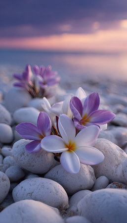 The image presents several flowers with vibrant purple and white petals resting atop smooth, rounded stones. The soft focus background reveals a blurred scene of a sunset. The composition utilizes natural light and a shallow depth of field, creating a serene and peaceful atmosphere. This could be suitable for various decorative and conceptual applications.の素材