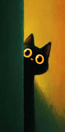 An illustration depicts a black cat peeking from behind a green partition. The cat features large yellow eyes and is set against an orange background. The scene utilizes a cartoon style with soft textures and warm lighting. Suitable for various commercial and editorial projects.の素材