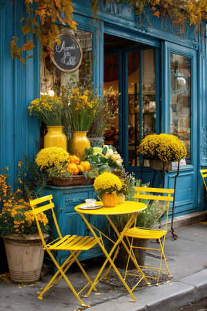 A delightful cafe exterior displays vibrant yellow flowers and inviting outdoor seating, framed by a blue facade. The scene features pots and vases of flowers, creating a welcoming environment with warm sunlight. Ideal for advertising, travel brochures, or editorial uses related to cafes or flowers.の素材