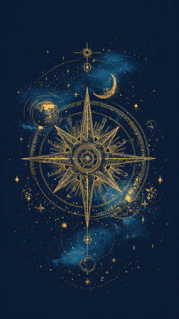 This illustration presents a detailed compass design set against a dark blue backdrop. It incorporates celestial elements like stars, a crescent moon, and planetary symbols. The composition employs a combination of intricate lines and subtle shading. Suitable for use in design projects, educational materials, or as decorative art, the image evokes a sense of exploration.の素材