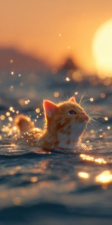 A ginger cat is depicted swimming in water, possibly the ocean. The image features a warm color palette with orange, blue, and golden light from a setting sun. Bokeh effects add texture to the water. The scene evokes a sense of tranquility and adventure, suitable for various commercial applications.の素材