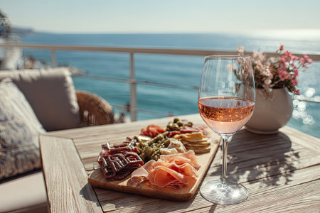 A charcuterie board displays assorted meats and snacks beside a wine glass filled with rose wine. The composition features a wooden table with sunlight from an open-air location. The scene has a background of a calm ocean and a white railing. Suitable for editorial and commercial projects.の素材