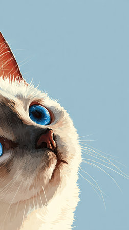 A side profile of a cat displays striking blue eyes. Its fur exhibits a mix of white and tan hues, with a pink nose. The composition uses a solid light blue background, which focuses attention on the animal. Suitable for various commercial purposes, the image evokes a sense of calm and curiosity.の素材