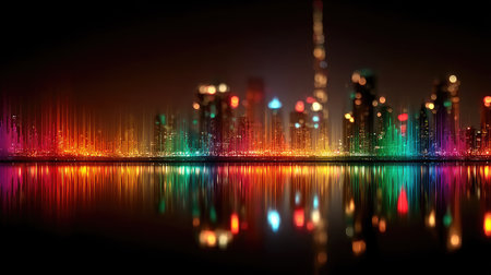 A nighttime cityscape features illuminated structures and vibrant lights reflected in the water. The composition showcases a dark environment with buildings silhouetted against a backdrop of colorful illumination. This image can be utilized for various design projects or commercial applications needing an urban night scene.の素材