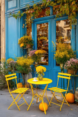 A vibrant exterior showcases a cafe setup with cheerful yellow chairs and table. Adorning the scene are pots of blooming flowers and colorful foliage, set against a bright blue backdrop. The composition suggests a relaxed, inviting space suitable for commercial and editorial purposes.の素材