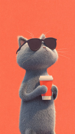 A cartoon illustration showcases a blue cat sporting sunglasses and a coffee cup, set against a vibrant orange backdrop. The image features a clean, stylized design with soft textures and a playful aesthetic. Suitable for various commercial purposes, the artwork evokes a cheerful and relaxed atmosphere.の素材