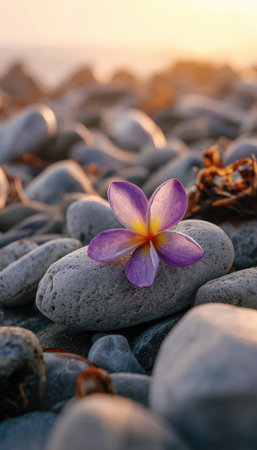 A single purple flower rests atop a smooth grey stone, surrounded by other rocks in a shallow-focus composition. Warm sunlight bathes the scene with a soft glow. The image may be suited for environmental, nature, or decorative applications. The composition showcases textures and color.の素材