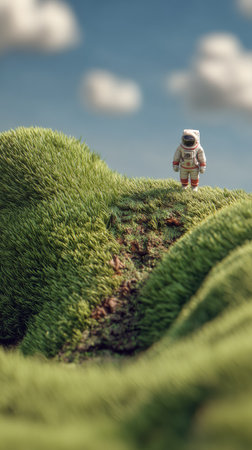 An astronaut stands atop a vibrant green hill under a partly cloudy blue sky. The illustration features a soft, textured appearance with a focus on the miniature astronaut figure. The composition uses overhead lighting, suggesting an outdoor daytime setting and is suitable for creative and conceptual projects.の素材