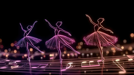 Three ballet dancer silhouettes are featured, elegantly posed with flowing skirts. The image employs a neon aesthetic with vibrant pink, purple, and orange hues, creating a sense of movement. The composition is set against a dark backdrop, suggesting a nighttime performance or studio setting, and ideal for various creative projects.の素材
