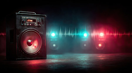 An audio speaker is featured prominently against a darkened background. The image showcases visual representations of sound waves. The composition uses vibrant reds and teals, creating a dynamic atmosphere. This image might be suitable for illustrating music, events, or technology topics for commercial purposes.の素材