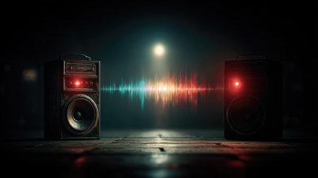 An illustration presents a speaker system with a dynamic sound wave displayed between them. The image showcases a dark environment with a spotlight illuminating the scene. The artwork emphasizes sound through colorful lines. Ideal for use in various commercial or editorial contexts related to music or sound.の素材