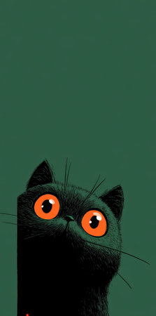 A cartoon illustration features a black cat with large, bright orange eyes, set against a solid green background. The digital artwork emphasizes the cat's expressive face and contrasting colors. Suitable for various commercial applications, this image could be used for digital art, advertising, or design projects.の素材
