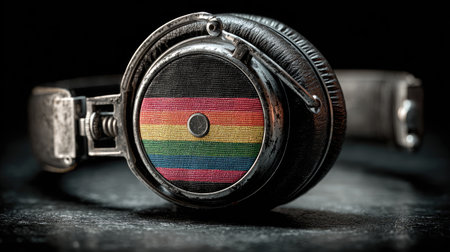 A close-up image features an old-style headphone. The ear cup displays a rainbow-colored pattern. The object sits on a dark surface, with shallow depth of field. The lighting suggests a studio setting. The photo can be used for a variety of design and editorial projects.の素材