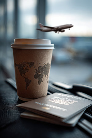 A paper coffee cup rests on a surface next to a passport with an airplane in the background. The warm lighting highlights the cup's texture and the passport's details. This image could be used for promotional materials related to travel or hospitality, providing a visual narrative of journey.の素材