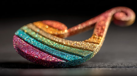 A close-up showcases a glittery musical note displaying a spectrum of colors. The object features multiple horizontal bands, reflecting light on a dark background. This decorative element might be suitable for designs related to music, art, or creative projects. The image may be useful for various commercial purposes.の素材