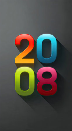 The image presents the year 2008 in bold, colorful typography. The numbers, rendered in vibrant hues, cast elongated shadows against a dark background. The design showcases a modern, illustrative style with a focus on visual appeal, suitable for various creative projects and design concepts, possibly for promotional or informational purposes.の素材