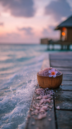 A wooden bowl filled with pink salt and a delicate flower rests on a pier. The image features the ocean with gentle waves, bathed in the soft light of a sunset. The wooden structure on the shore adds to the calming ambiance, suggesting a spa or wellness setting suitable for various commercial applications.の素材