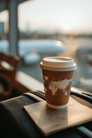 A paper coffee cup rests on a surface near a window. The cup features a world map design, and the background includes an aircraft and other elements. Soft, diffused lighting suggests an indoor environment during daytime. This image is suitable for various commercial purposes related to travel or beverages.の素材