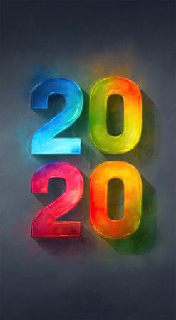 The image features a vibrant 3D representation of the number 2020, rendered in a rainbow of colors. The graphic presents a gradient effect and is set against a dark, contrasting backdrop. The visual style is modern and artistic, potentially suited for use in advertising, marketing, or editorial contexts.の素材