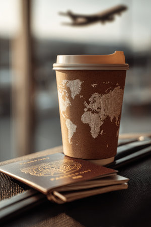 A brown coffee cup with a world map graphic and a passport rest on a dark surface. The cup is in sharp focus with the airplane in the blurred background. Natural light creates a soft, warm ambience. This image could be used for travel, business, or lifestyle themes.の素材