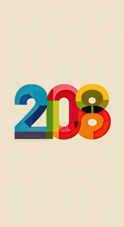 A digital illustration features the number 208 composed of vivid, overlapping geometric shapes in a flat design style. The composition utilizes a variety of colors with a soft, off-white background. This image could be suitable for a variety of commercial and editorial purposes.の素材