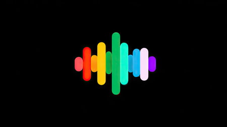 A vibrant sound wave illustration is depicted against a solid black backdrop. Vertical bars in a rainbow color spectrum create the wave pattern. The composition uses strong contrasts and could be suitable for diverse commercial applications related to music, sound, or visual design.の素材