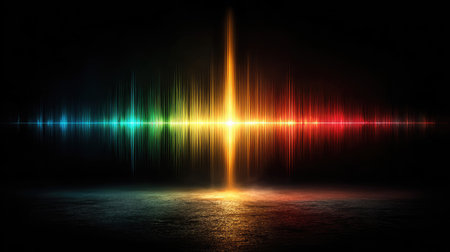 A vibrant sound wave is depicted with a range of colors against a dark backdrop. The graphic highlights the dynamic interplay of light and shadow, with the central element emitting a bright beam. This image could be utilized in a variety of creative projects, including those related to music, technology, or design.の素材